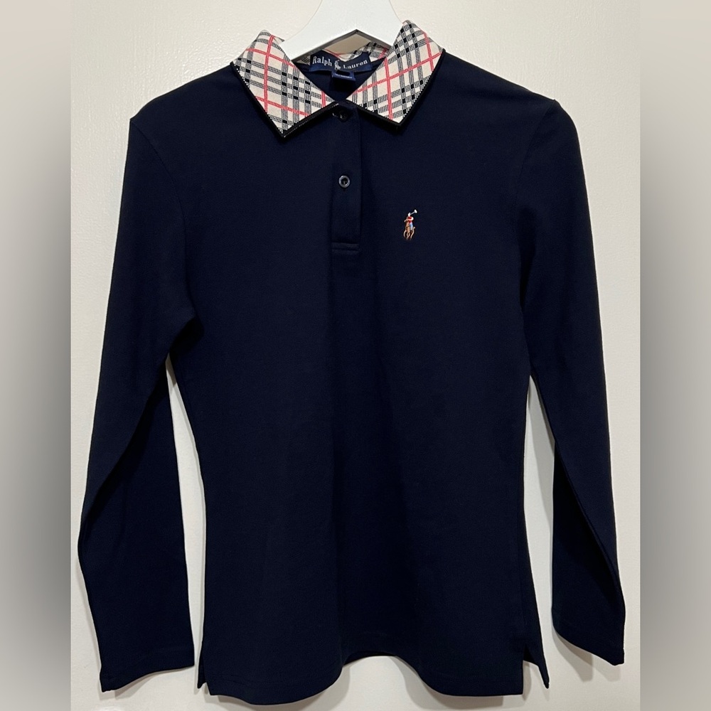 Vtg Rare Ralph Lauren Women Long Sleeve Polo Shirt Navy Plaid Collar Made In USA